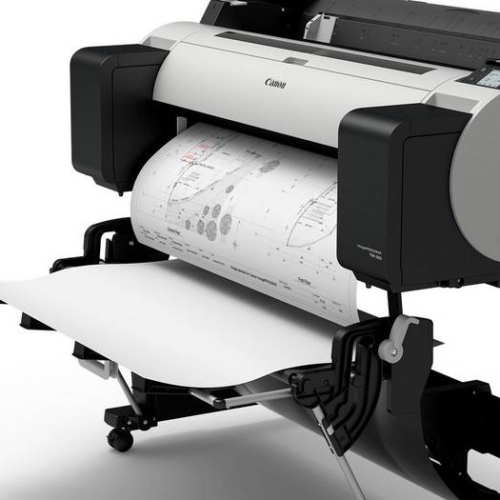 Canon TM-300 printing a technical drawing into an upright basket