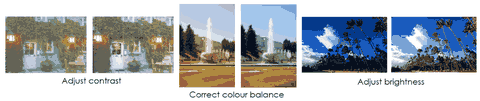 Before and after photo pairs showing the effect of adjusting contrast, correcting colour balance, and adjusting brightness using the Canon imagePROGRAF driver's colour adjustment tool