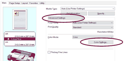 Canon imagePROGRAF Windows print driver Main tab with Advanced Settings and the Color Settings button circled in red, showing where the colour adjustment tool is hidden