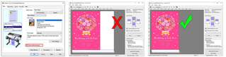 Canon imagePROGRAF print driver showing the Preview before printing checkbox, and the preview screen catching a wrongly-cropped image versus the correctly fitted version